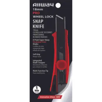 30‐Pack of 18mm Allway SK18BW Red/Black K‐Series Carded, Pro Soft Grip Wheel Lock Snap Knife with 1 Premium 8‐Point Blackened Steel Blade