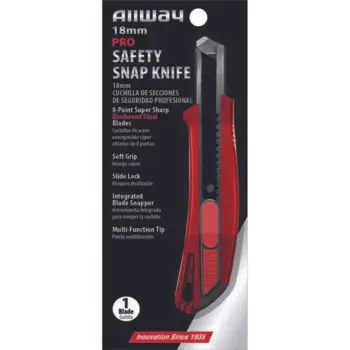 12‐Pack of 18mm Allway SK18BS Red/Black K‐Series Carded, Pro Soft Grip Auto Lock Quick Cut Snap Knife with 1 Premium 8‐Point Blackened Steel Blade