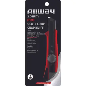 18‐Pack of 25mm Allway SK25B Red/Black K‐Series Carded, Heavy Duty Pro Soft Grip Wheel Lock Snap Knife with 1 Premium 7‐Point Blackened Steel Blade