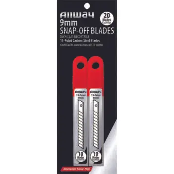 12‐Pack of 9mm Allway SB9‐20C Red/Black B‐Series Carded, Standard Carbon Steel 13‐Point Snap Blade with Safety Holder Dispenser 20 Blade Pack