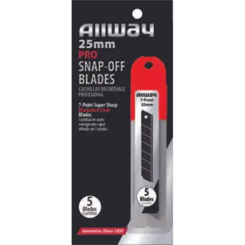 25mm Allway SB25‐5B Red/Black B‐Series Carded, Premium Blackened Steel 7‐Point Snap Blade with Safety Holder Dispenser, 5 Blade Pack
