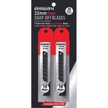 25mm Allway SB25‐20B Red/Black B‐Series Carded, Premium Blackened Steel 7‐Point Snap Blade with Safety Holder Dispenser, 20 Blade Pack