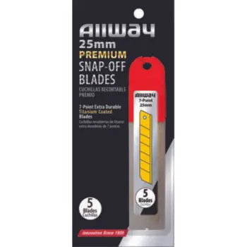 24‐Pack of 25mm Allway SB25‐5T Red/Black B‐Series Carded, Extra Durable Titanium 7‐Point Snap Blade with, Safety Holder Dispenser, 5 Blade Pack