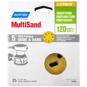 5” x 5 & 8 Hole Norton 04060 Yellow Hook & Sand Combo 5 & 8 Hole Hook & Loop Universal Vac Hole Power Sanding Disc, 120‐Grit Coarse, 25‐Pack