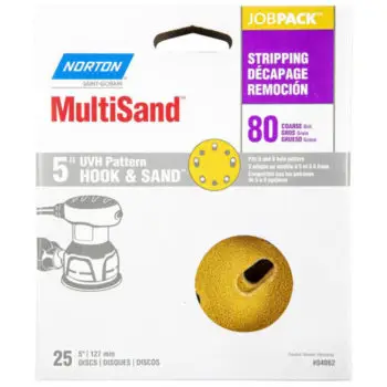 10‐Pack of 5” x 5 & 8 Hole Norton 04062 Yellow Hook & Sand Combo 5 & 8 Hole Hook & Loop Universal Vac Hole Power Sanding Disc, 80‐Grit Coarse, 25‐Pack