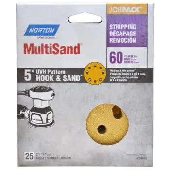 10‐Pack of 5” x 5 & 8 Hole Norton 04063 Yellow Hook & Sand Combo 5 & 8 Hole Hook & Loop Universal Vac Hole Power Sanding Disc, 60‐Grit Medium, 25‐Pack